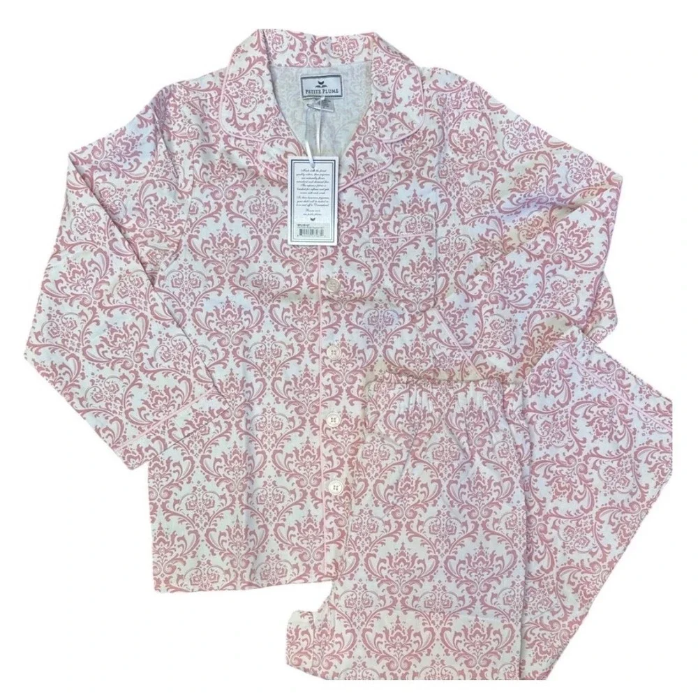 Petite Plume Girls Vintage Rose Pajama Set Pink Damask Cotton‎ Size 6 (C)